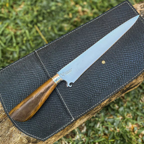 Faca  Artesanal P/ Churrasco 10" 3mm Lâmina com Cabo madeira + Case especial em couro - VARIOS TEMAS NA LAMINA
