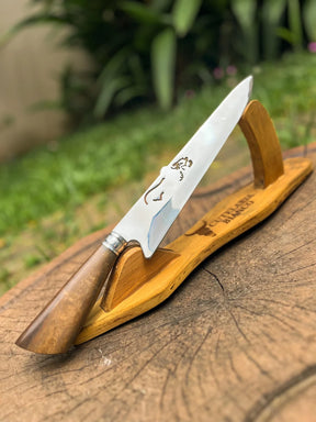 Faca  Artesanal P/ Churrasco 10" 3mm Lâmina com Cabo madeira + Case especial em couro - VARIOS TEMAS NA LAMINA
