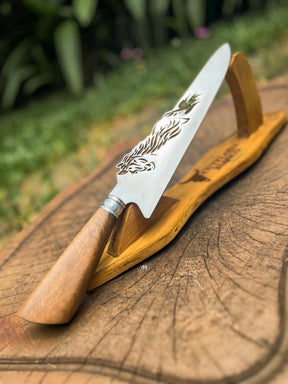 Faca  Artesanal P/ Churrasco 10" 3mm Lâmina com Cabo madeira + Case especial em couro - VARIOS TEMAS NA LAMINA