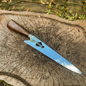 Faca  Artesanal P/ Churrasco 10" 3mm Lâmina com Cabo madeira + Case especial em couro - VARIOS TEMAS NA LAMINA